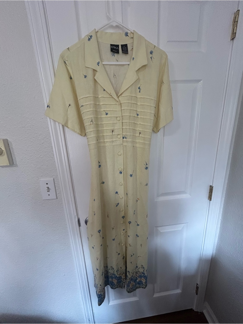 Erika Pale Yellow Midi Dress with Blue Floral Trim